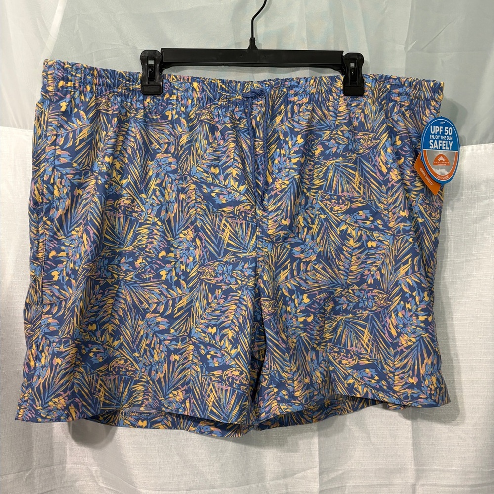Columbia Blue and Yellow Tropical Print Swim Trunks